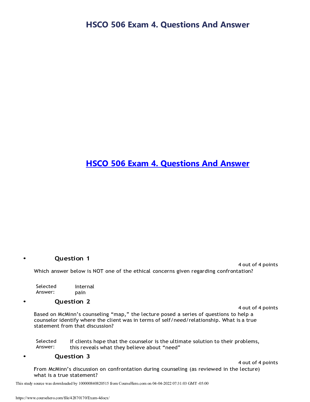 Preview of HSCO 506 Exam 4. Questions And Answer2022/2023